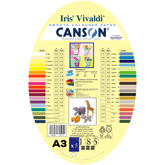 Vivaldi Soft Colored Paper 185 gsm A3 Pack of 5 Sheets 40 Colors CANSON